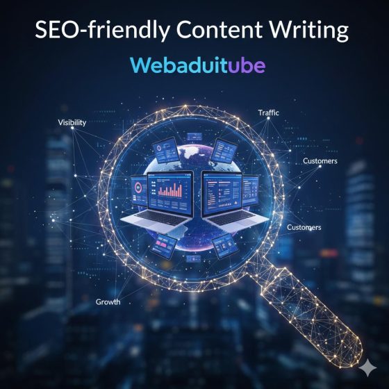 Icons representing driving traffic, building trust, and improving conversions, highlighting the benefits of SEO-friendly content writing.