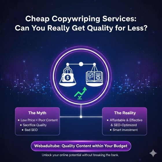 Graphic comparing the myth of cheap copy equaling poor quality with the reality of affordable, effective, and SEO-optimized content.