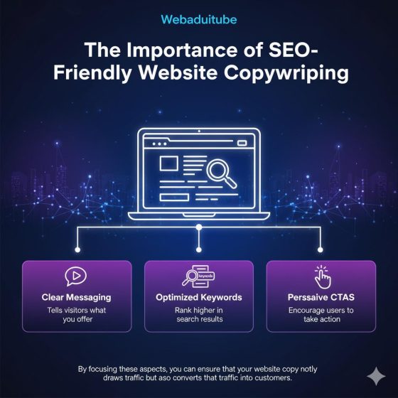 Laptop icon showing the importance of clear messaging, optimized keywords, and persuasive CTAs for SEO-friendly copy.