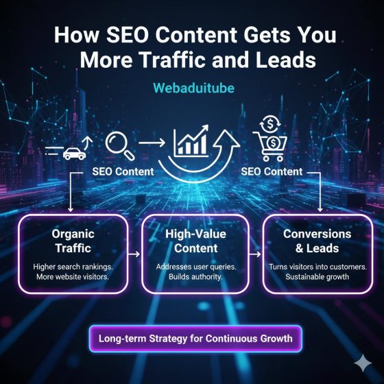 Flowchart illustrating how SEO content drives organic traffic, leads, and conversions.